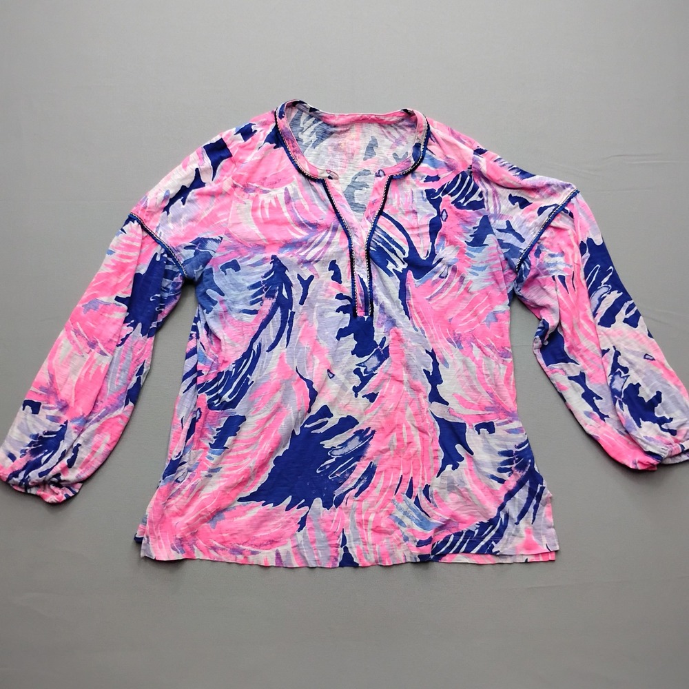 Lilly Pulitzer Etta V-Neck Top Pink Blue Tropical Palm Leaf Cotton XL